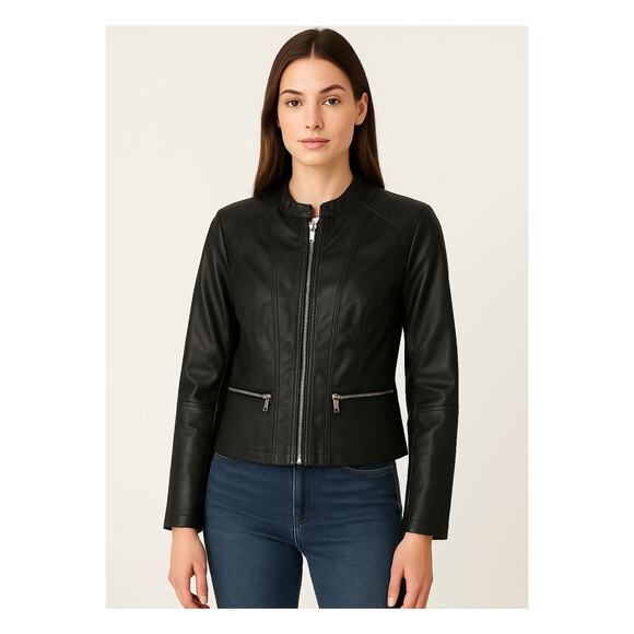 New Baccini Black Faux Leather Moto Jacket Zip Front Pockets Size L - Picture 1 of 11